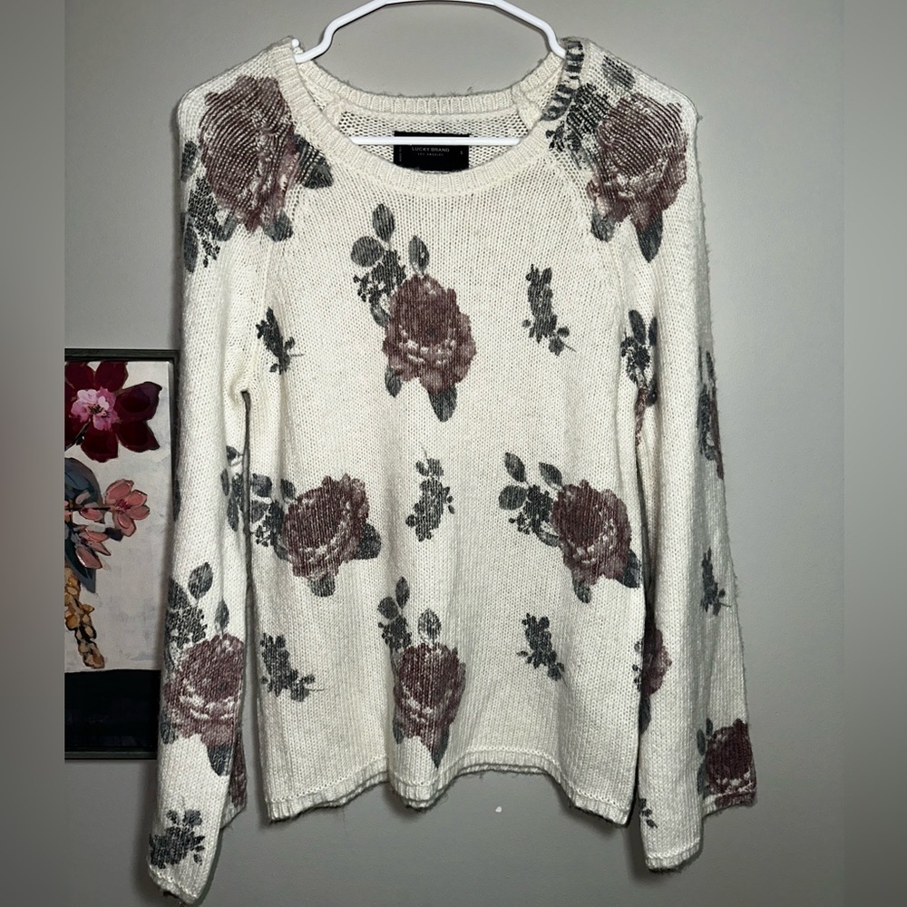 Lucky Brand Floral Knit Sweater – Cream with Rose Print – Size S (NWT)